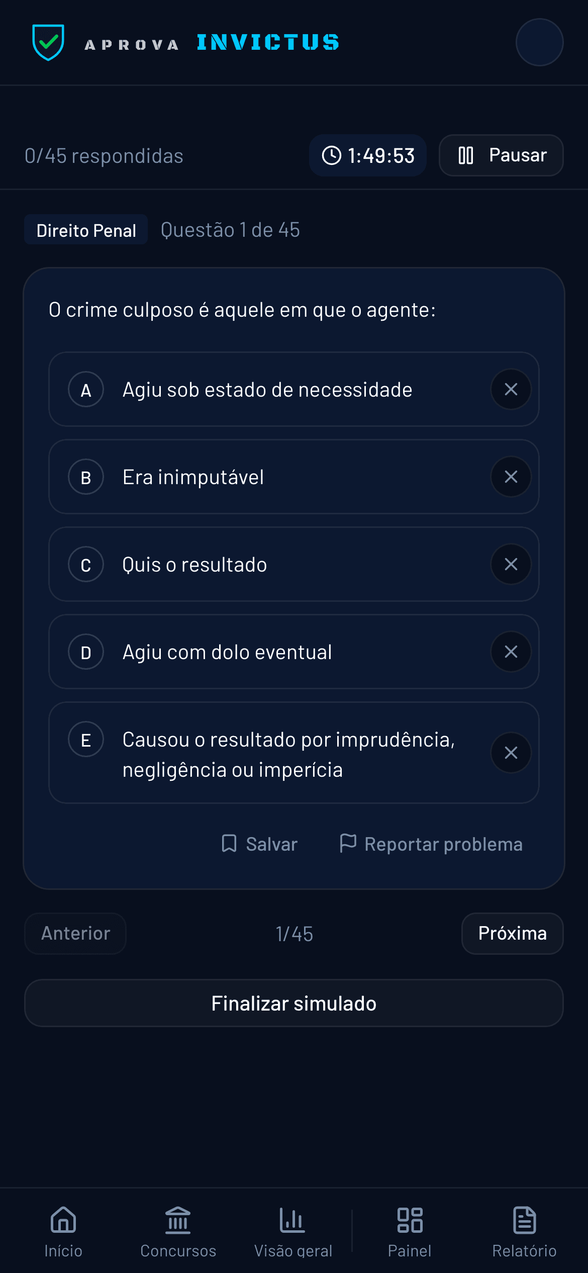 Simulado em andamento com cronômetro regressivo e contador de questões